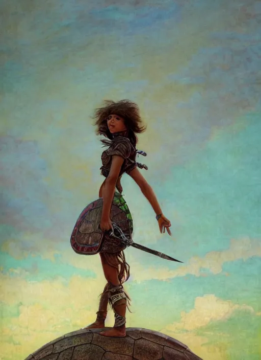 Image similar to a little warrior girl standing on top of one giant turtle in the desert. the girl has dark skin and beautiful green eyes, realistic full body and a very beautiful detailed symmetrical face with long black hair. diffuse light, dramatic sky and landscape, extreme long shot fantasy illustration by mucha