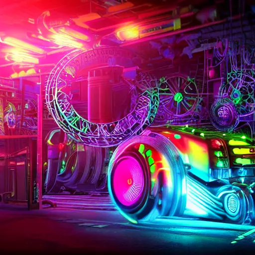 Image similar to album art, the album is called tripmachine, trance music, a huge steampunk mechanic machine with many loudspeakers and gears and tubes and wires, 8 k, fluorescent colors, halluzinogenic, multicolored, blue neon accents, exaggerated detailed, front shot, 3 d render, octane