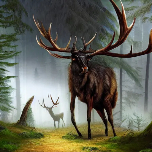 Image similar to 3 km gigantic elk walks over forests, fantasy concept art, digital art