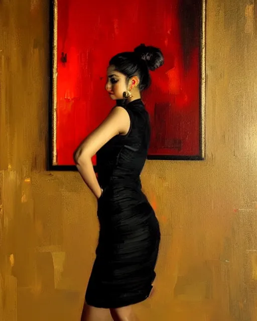 Image similar to beautiful portrait painting an gorgeous delhi girl wearing a little black dress at a nightclub, red lighting, oil painting, art by ruan jia