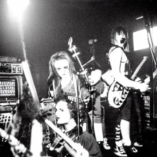 Prompt: punk band goths performing in a vast underground bunker, berlin 1 9 8 2, grainy high contrast black and white