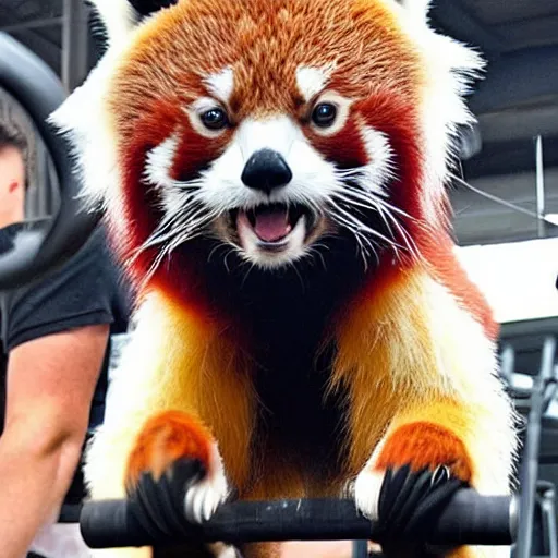 Prompt: a red panda at the gym lifting weights, gigachad red panda, ripped red panda, working out