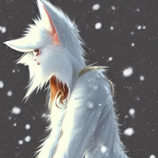 Prompt: anthro furry female white wolf with fluffy tail wearing a light jacket playing in the snow, trending on furaffinity