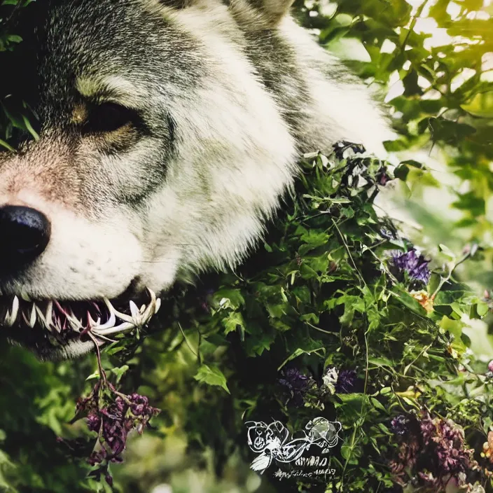 Prompt: overgrown foliage taking over a realistic wolf skull, close - up, 3 5 mm, f 1. 8, bokeh, beautiful, lens flare, emotional, sweet, flowers, detailed, picture, trending on artstation, award - winning, shiny, golden