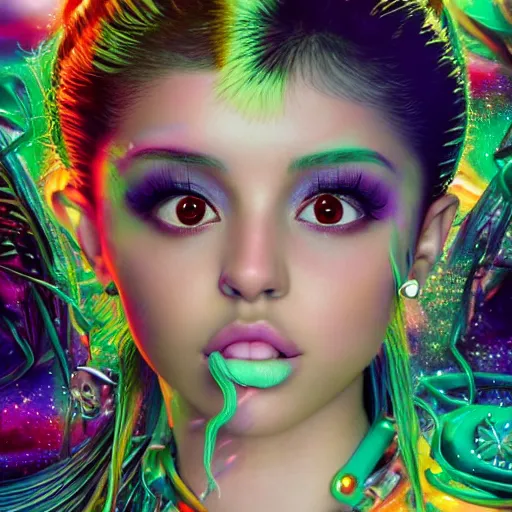 Prompt: Ethereal, mysterious stunning maximalist mesmerizing cyberpunk Ariana Grande Selena Gomez Miley Cyrus Dora The Explorer from the rainbow sky paradise, high-tech, professional high fashion model photo shoot, hyperdetailed by Mark Ryden and artgerm and Hiroyuki-Mitsume Takahashi, close-up 35mm macro shot, hyperrealism, 8k resolution 3D, cinematic, dynamic lighting, octane render, unreal engine 5