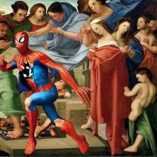 Image similar to Renaissance painting of spiderman doing cool tricks