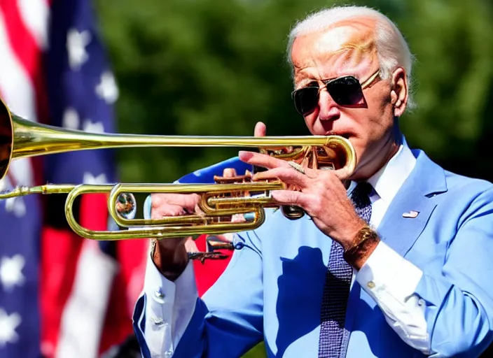 Image similar to joe biden playing the trumpet on stage at memorial day