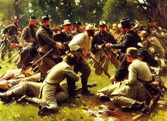 Image similar to anders zorn oil painting of instruction of american civil war battle scene, interpersonal, intimate