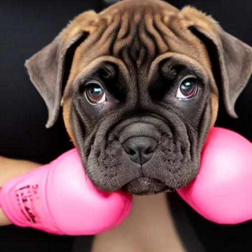 Prompt: brindle bullmastiff puppy boxing