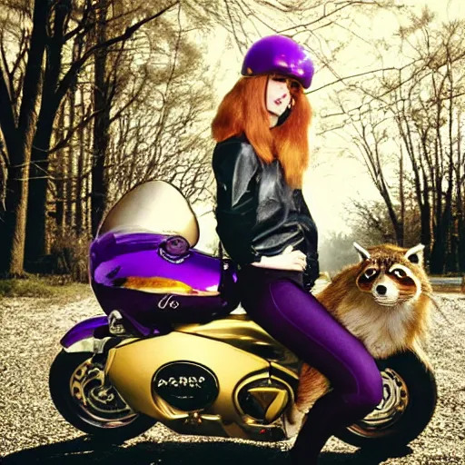 Image similar to a photo by arbus of a slender beautiful woman with straight ginger hair and bangs, wearing purple leathers and gold helmet, posing with large ginger tabby and raccoon on a motorcycle in her front yard, holding coffee mug and toasted brioche bun, fashion photography, dramatic lighting, 8 5 mm lens