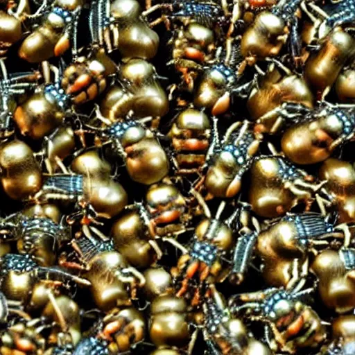 Image similar to army of army of tiny insectoid metallic robots eating a apple