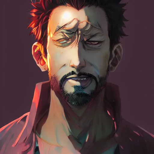 Prompt: anime portrait of frank from IASIP as an anime villain by Stanley Artgerm Lau, WLOP, Rossdraws, James Jean, Andrei Riabovitchev, Marc Simonetti, and Sakimichan, trending on artstation