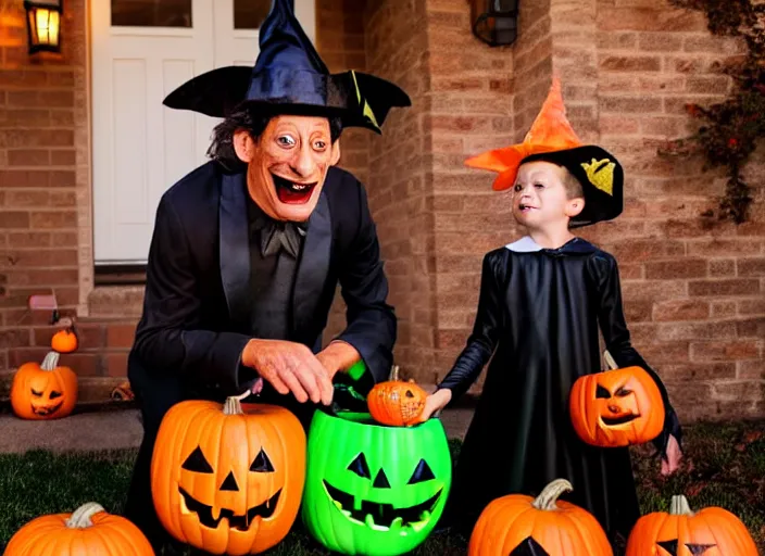 Image similar to dslr photo still of jim varney trick or treating on halloween, 4 k, 1 2 0 mm f 1 6