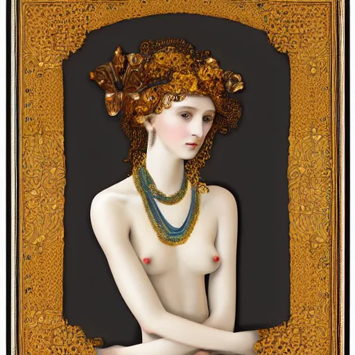 Image similar to a beautiful girl made of ivory and gold, highly intricate, digital art, very detailed, in the style of a liminal modern art nouveau flemish painting