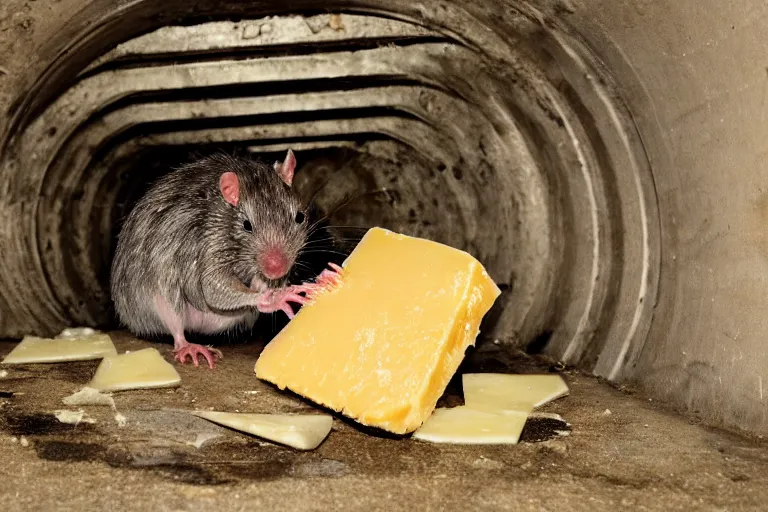 Image similar to a mutant disgusting rat eating cheese in a sewer, photograph, terror, horror, mutant,