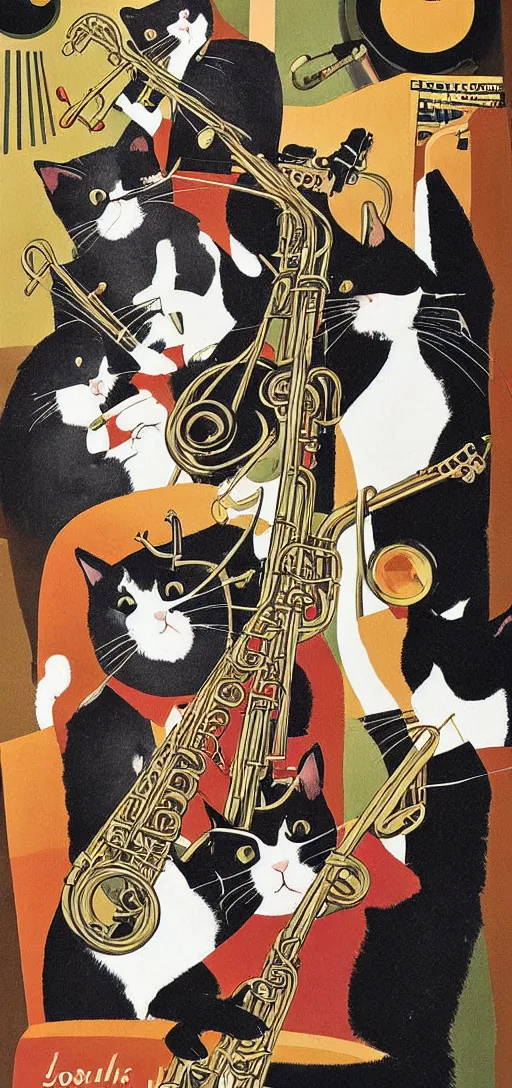 Image similar to portrait of a cat's band playing jazz, retro avanguard poster, by Reginald Montague Lander, By Tom Purvis, By Joseph Binder
