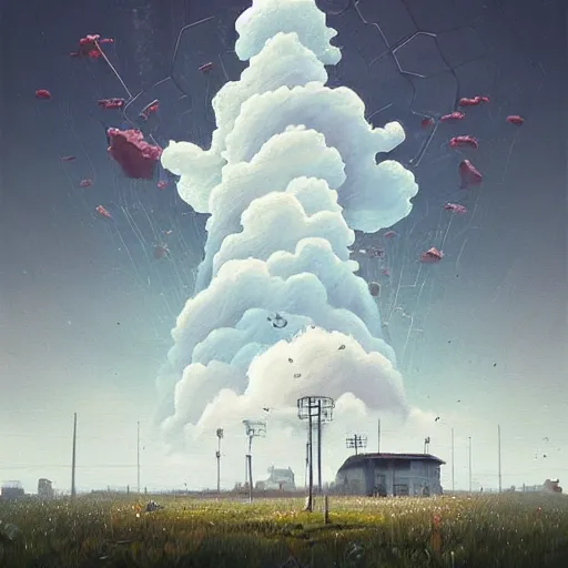 Image similar to beautiful painting of a landscape of glitched cloud ramifications and alien white monuments blossoming in the style of Simon Stålenhag and H. R. Giger, detailed, trending on Artstation