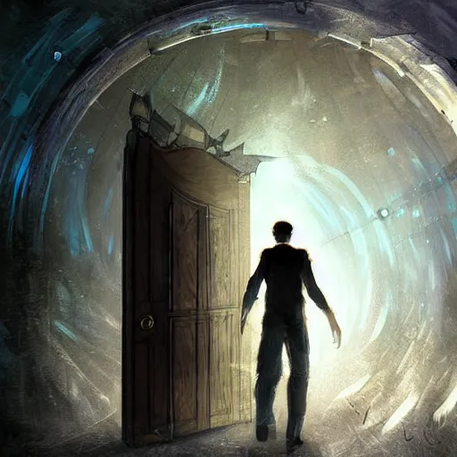 Image similar to a man through a mystical door leading to another dimension, fantasy, artstation detailed digital art