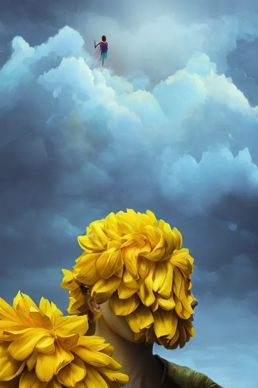 Image similar to closeup girl with huge yellow dahlia flower face, intricate, standing on mountain, surreal photography, blue storm clouds, dramatic light, impressionist painting, digital painting, artstation, simon stalenhag