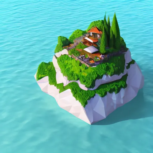 Image similar to a floating island on an ocean isometric art, low poly art, game art, artstation, 3D render, high detail, cgsociety, unreal engine 5