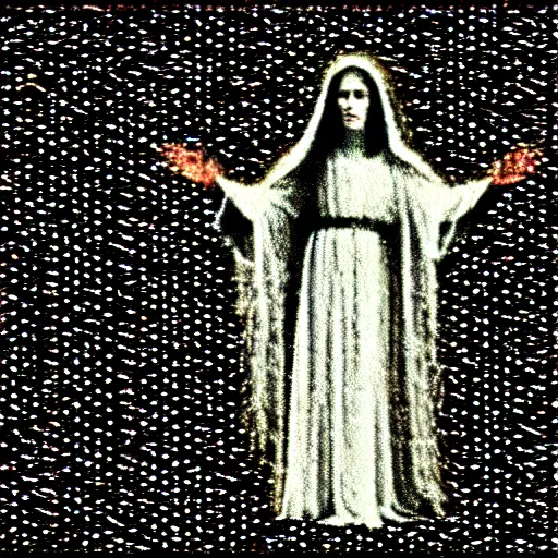 Image similar to vhs static overlay of marian apparition, vhs, 1 9 9 0, highly realistic, highly detailed, vhs noise static, black and white, vhs glitch