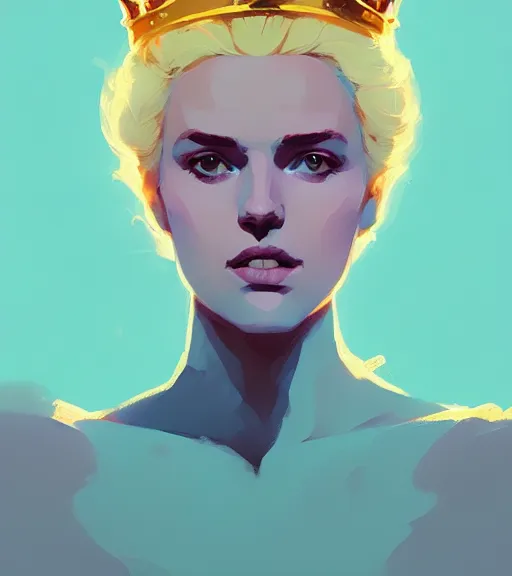 Image similar to portrait of beautiful queen with golden hair, sun, crown, by atey ghailan, by greg rutkowski, by greg tocchini, by james gilleard, by joe fenton, by kaethe butcher, dynamic lighting, gradient light blue, brown, blonde cream and white color scheme, grunge aesthetic