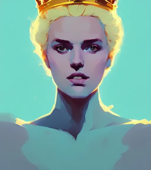 Prompt: portrait of beautiful queen with golden hair, sun, crown, by atey ghailan, by greg rutkowski, by greg tocchini, by james gilleard, by joe fenton, by kaethe butcher, dynamic lighting, gradient light blue, brown, blonde cream and white color scheme, grunge aesthetic