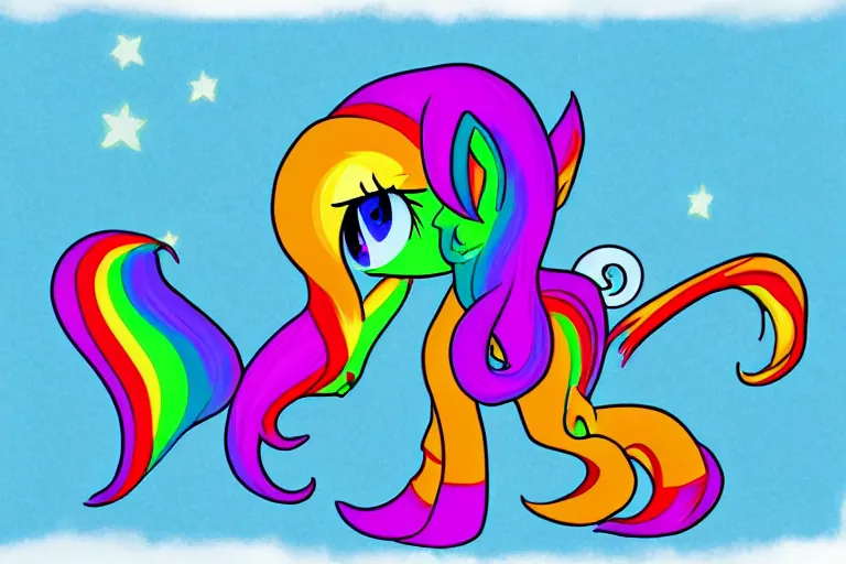 Image similar to Cthulhu-style rainbow pony in the universe