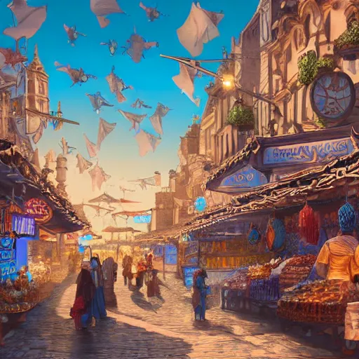 Image similar to bright fantasy medieval city, blue sky, busy market street, highly detailed and intricate 8 k concept art fantasy illustration