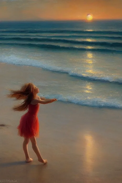 Image similar to a girl dancing on the seashore at sunset, by vicente romero redondo
