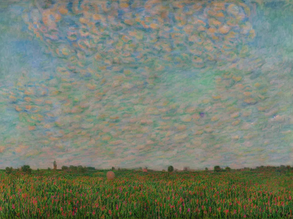 Image similar to astragalus on the psychedelic burial mound, mammatus cloud, paintinb by simon stalenhag, claude monet