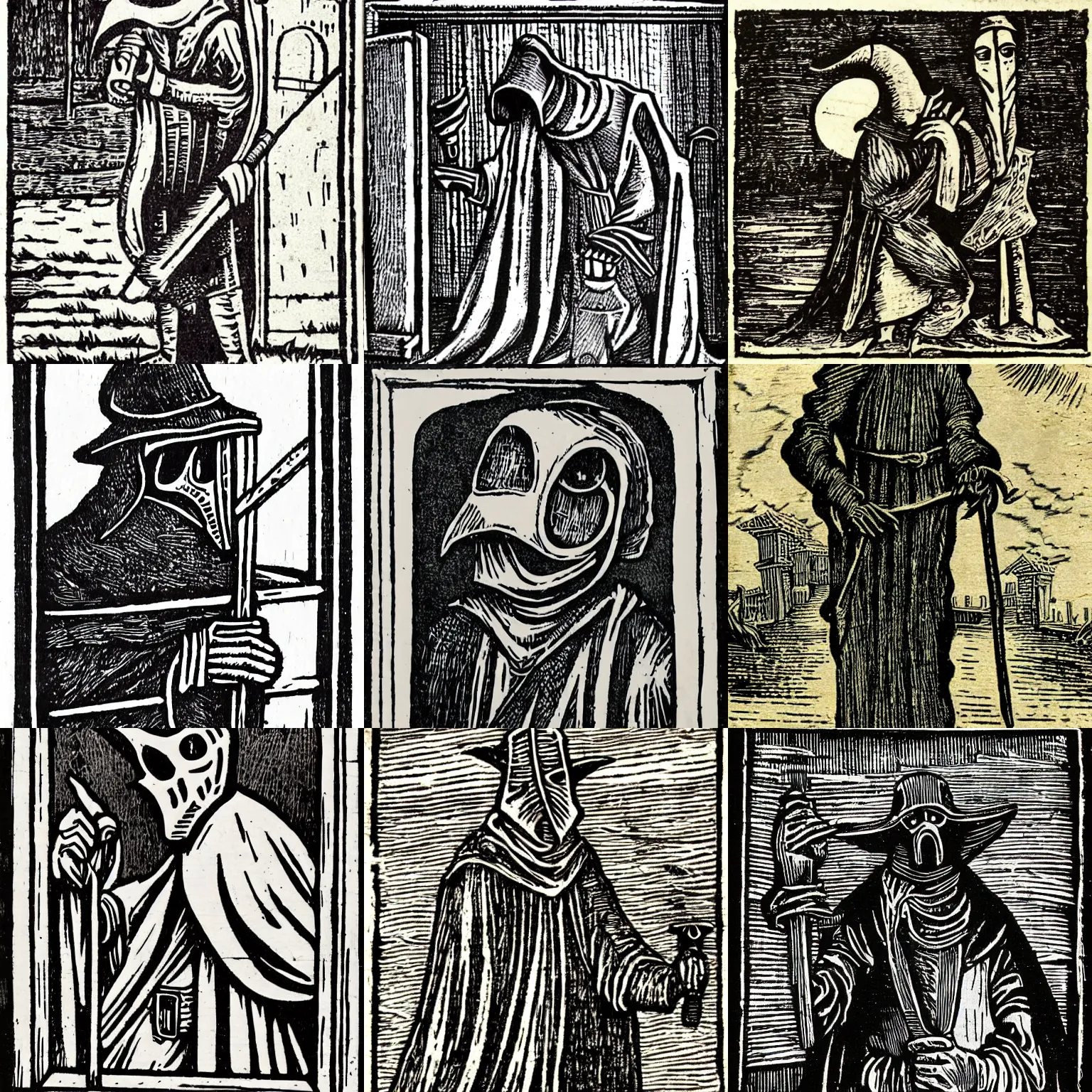 Prompt: plague doctor, medieval woodcut