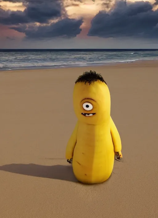 Image similar to jeff goldblum as a banana on the sand of a beach