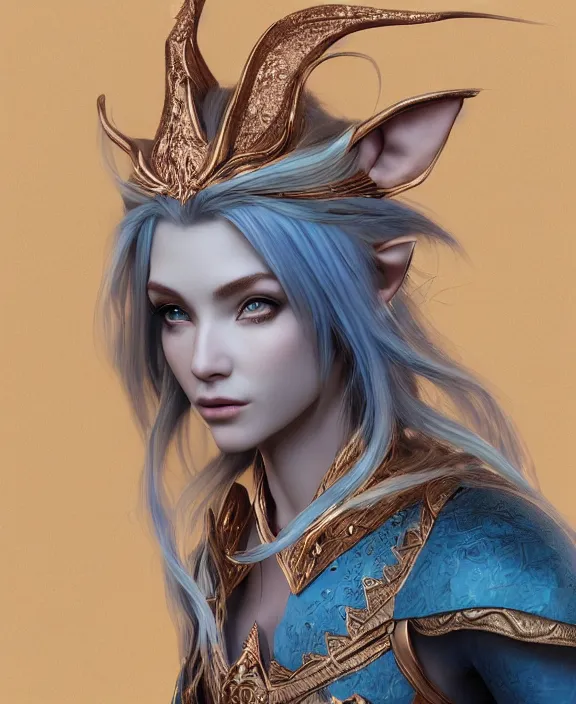 Image similar to a beautiful and highly detailed digital portrait of a regal elf with long blue windswept hair in a rose gold breastplate by artgerm, nina tryggvadottir, and lu ji, centered, artsation contest winner, cgsociety, fantasy art, cryengine, concept art, photorealism, daz 3 d, sketchfab, zbrush, vray