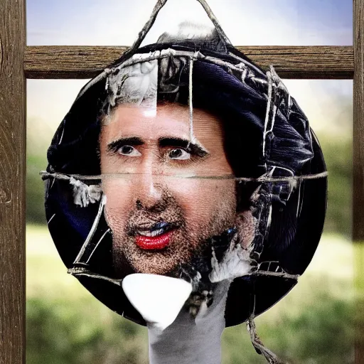 Prompt: nicolas cage trapped in a wicker cage with peas on his face, dying