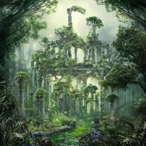 Image similar to beautiful ancient magical overgrown secret place, mysetrious etherial mesmerizing atmosphere, ancient ruins in the forest, extremely intricate, hyper detailed, hd, masterpiece