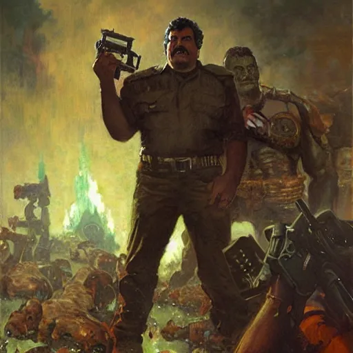 Prompt: Pablo Escobar Doom Slayer, by gaston bussiere, craig mullins, Simon Bisley