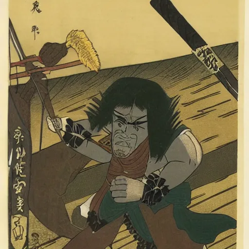 Prompt: late meiji period, colored woodblock print, conan the barbarian