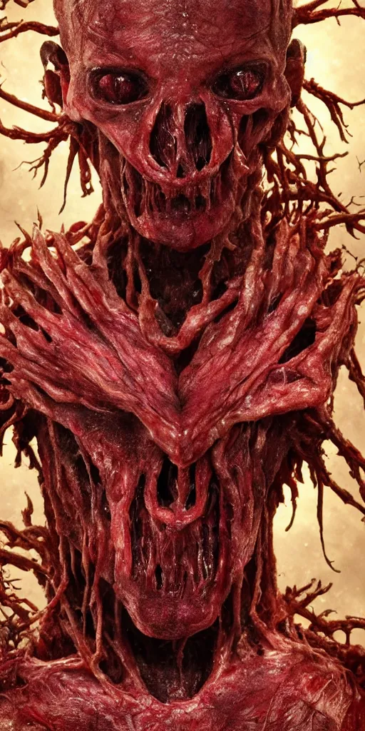 Image similar to photorealistic ultra detailed humanoid creature made of decomposed bloody flesh and bones, the woods, night, extremly detailed, 8 k, realistic, sharp focus, cosmic horror creature, cosmic horror, from the movie the thing, mysterious creature, bloody eyes