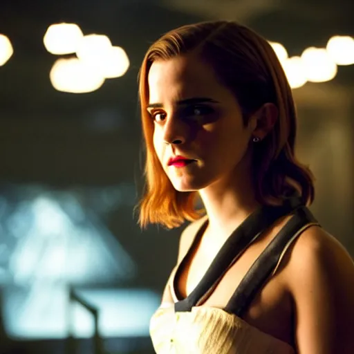 Prompt: Emma Watson as Jinx ,Arcane, cinematic, Wide-shot, atmospheric lighting, directed by Quentin Tarantino, movie still