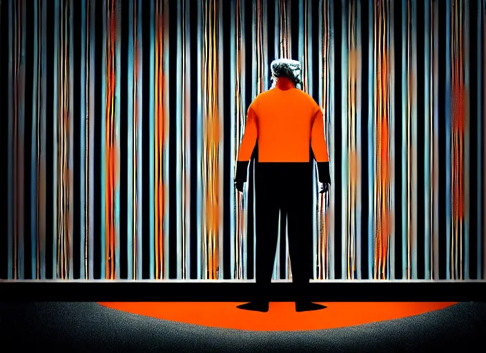 Image similar to Trump in prison, striped outfit ,handcuffed, Mads Berg, Karolis Strautniekas,stippled light, dramatic lighting,fine texutre, editorial illustration,matte print, film noir, dark blue+dark orange+orange+beige+black+white,dynamic composition,moody