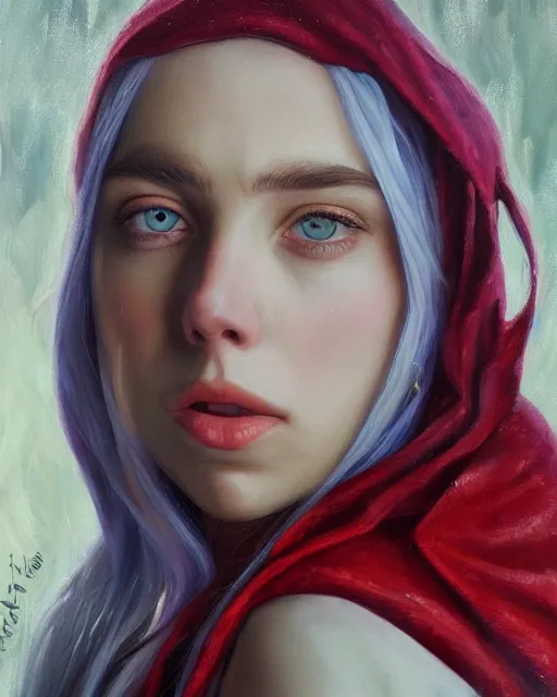 Image similar to billie eilish as a beautiful elf princess, oil painting, by laura sava