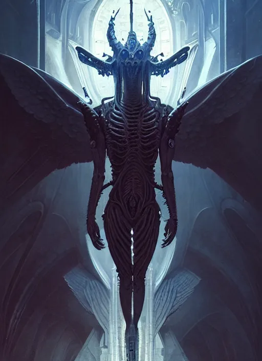 Image similar to rebulon the ancient arch angel - demon, by greg rutkowski and giger, masterpiece concept art, 8 k, intricate detail, cinematic lighting, epic pose, deep colors, majestic view