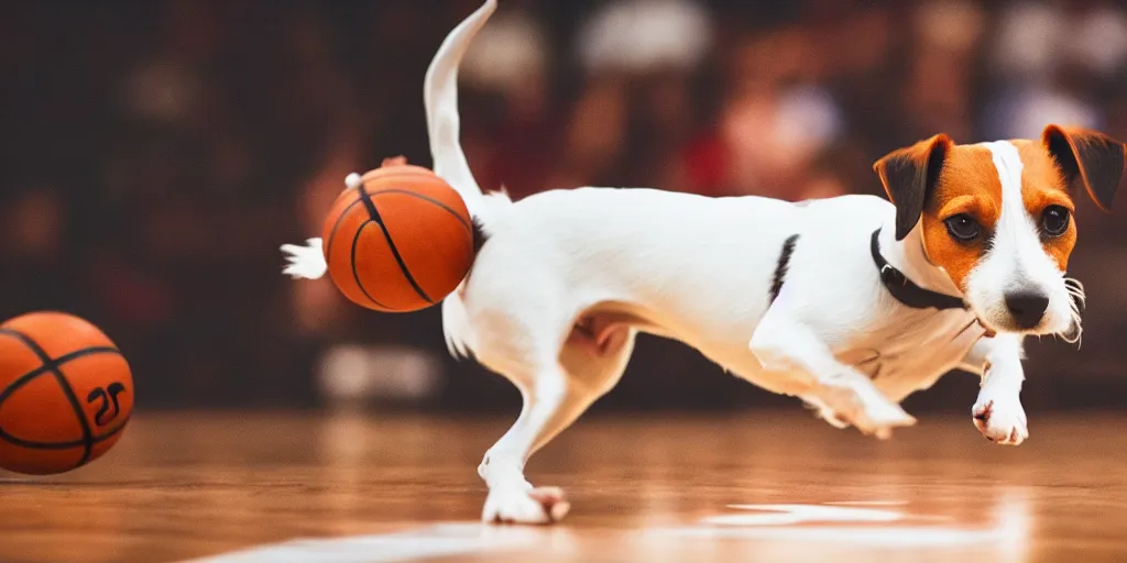 Image similar to a jack russell terrier playing basketball, cinematic, 4k, very very detailed, high quality