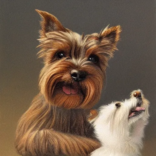 Image similar to brown and gray Yorkshire terrier dog, extremely detailed masterpiece, illustration, by Michael Sowa,