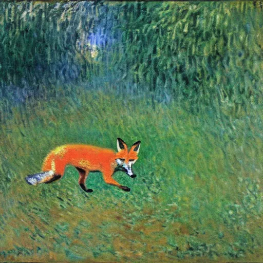 Prompt: a fox playing in the forest by claude monet n - 6
