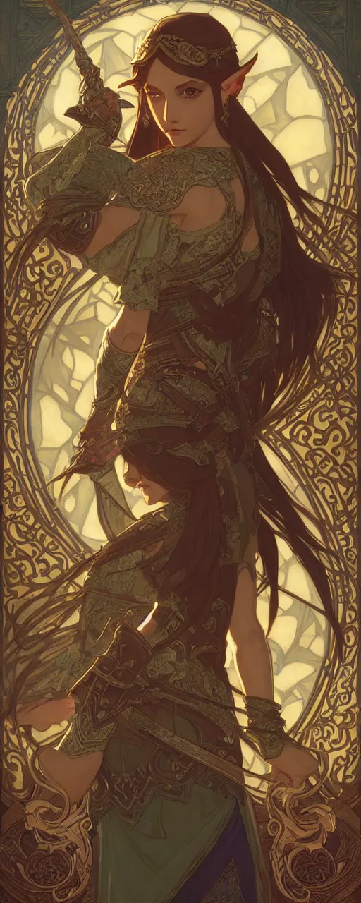 Image similar to legend of Zelda art nouveau, D&D, fantasy, intricate, elegant, highly detailed, digital painting, artstation, concept art, matte, sharp focus, illustration, hearthstone, art by Artgerm and Greg Rutkowski and Alphonse Mucha