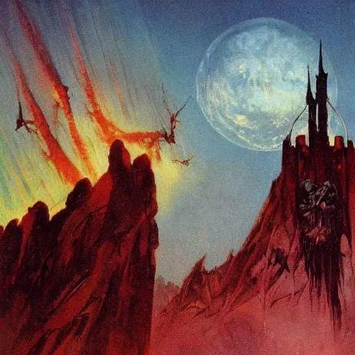 Image similar to an evil fortress, artwork by frank frazetta, red skies with evil glowing eyes