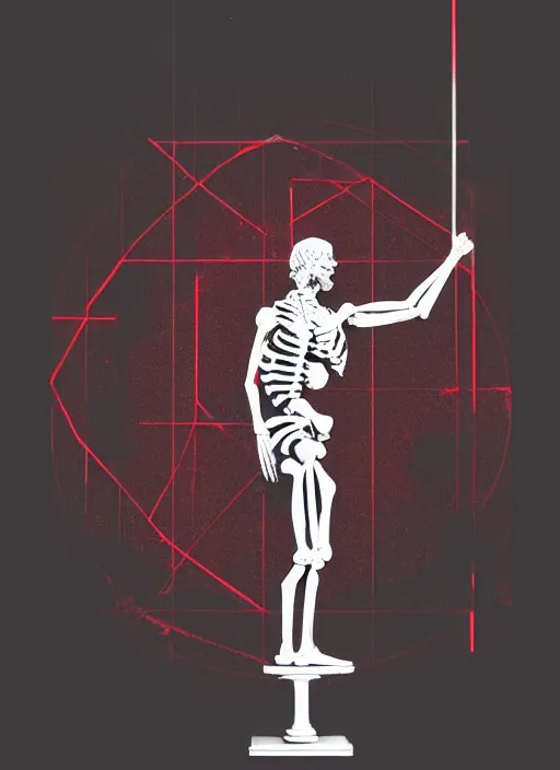 Image similar to black background, statue of hercules, ( ( ( skeleton ) ) ), grey, thin lines, dark, red grid, glitch art, neo vaporwave, gritty, movie poster, trending on artstation