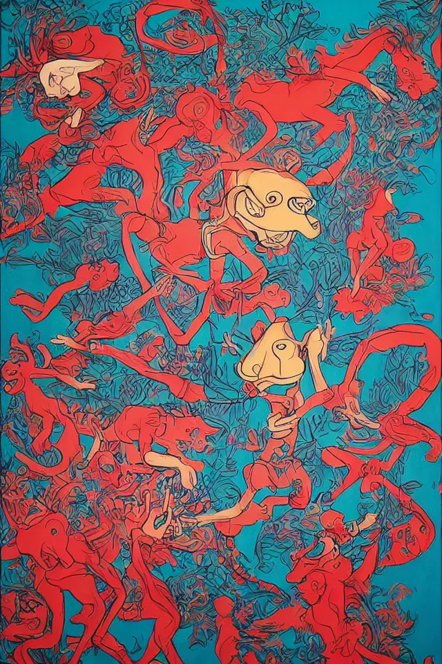 Image similar to painting animal puppet show head banging drummer 9 0 s music song groove is in the heart, we're going to dance and have some fun, painted by james jean in chinese style